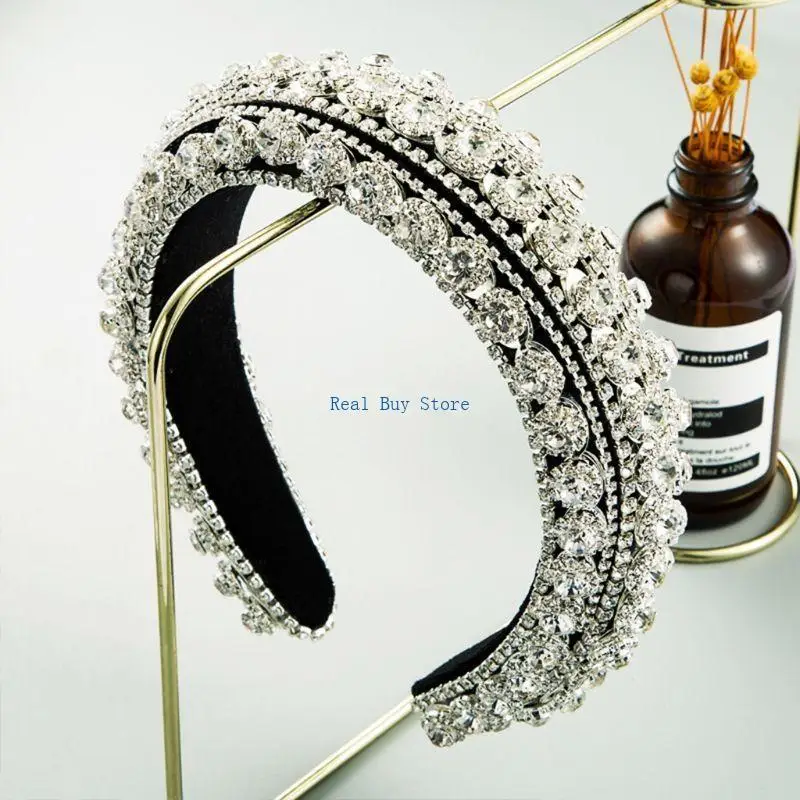 

U13D Baroque Sponge Wide Headband Crystal Metal Chain Prom Hair Hoop