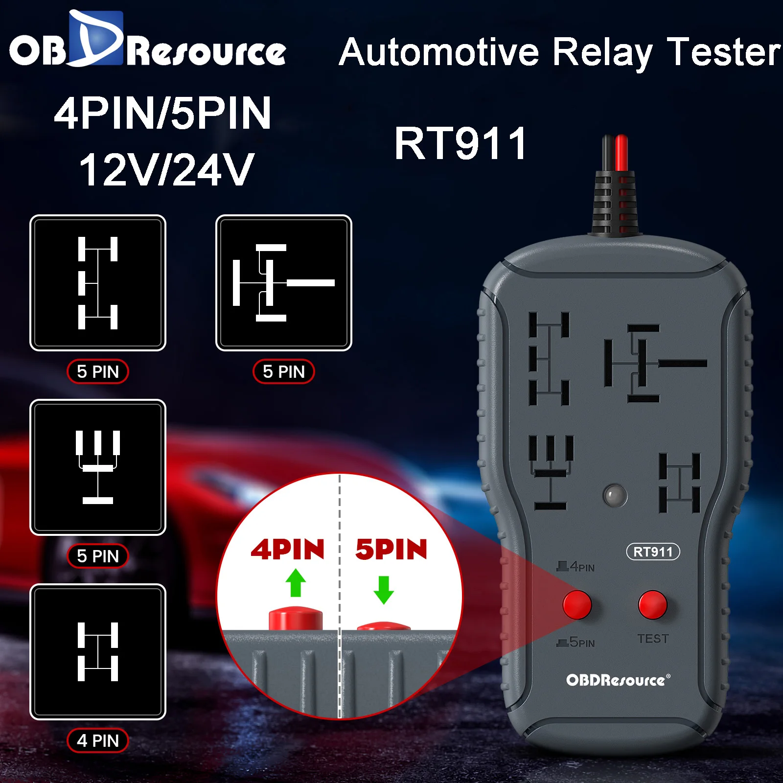 

12 В/24 В автомобильный тестер реле RT911 4-контактный/5-контактный супер тестер реле диагностический инструмент светодиодный индикатор дисплей автомобильные диагностические аксессуары