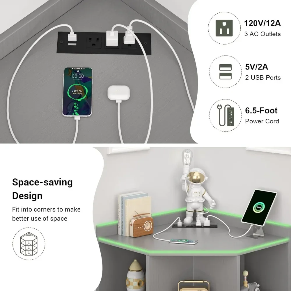 Corner Cabinet Storage with USB Ports and Outlets Cube Toy Storage for Small Space Wooden Corner Cubby Bookshelf