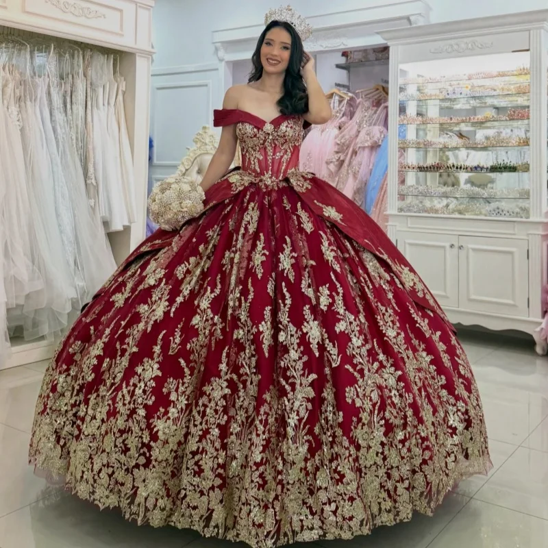 

Red Quinceanera Dresses Off the Shoulder Golden Sequins Crystal Decal Long tail Bow Vestidoe 15 Quinceanera Customize