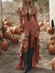 Ethnic Retro Solid Ruffle Irregular Dress Women Spring V Neck Slim Party Long Dress Autumn Butterfly Long Sleeve Boho Maxi Dress