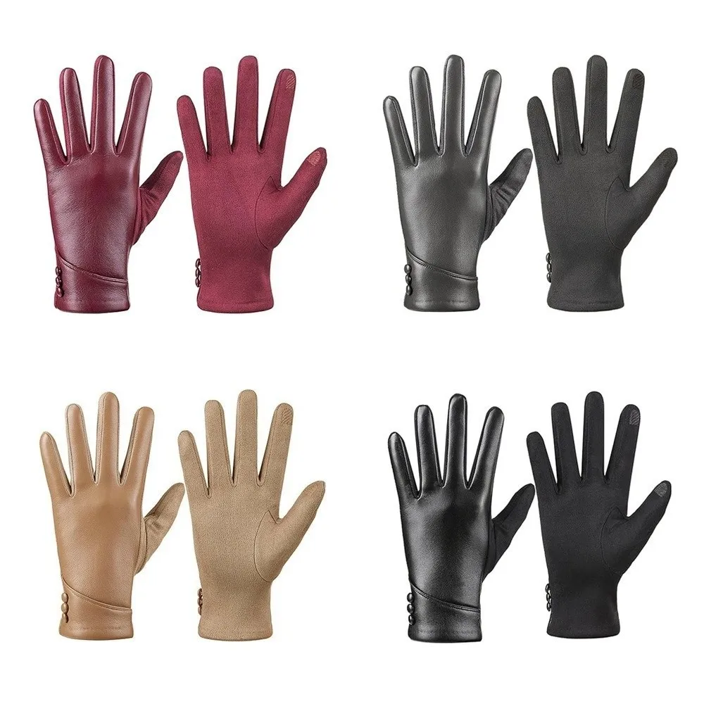 أزياء بلون كامل فنجر القفازات بو سميكة النساء قفازات جلدية زر الدفء قفازات شاشة اللمس السيدات #3