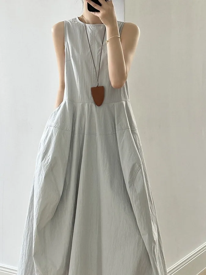 

Loose Design Summer New Style Women's Dress Puffy Flower Bud Skirt Long Vest Dress High Waist A-Line Korean Style Casual Wear