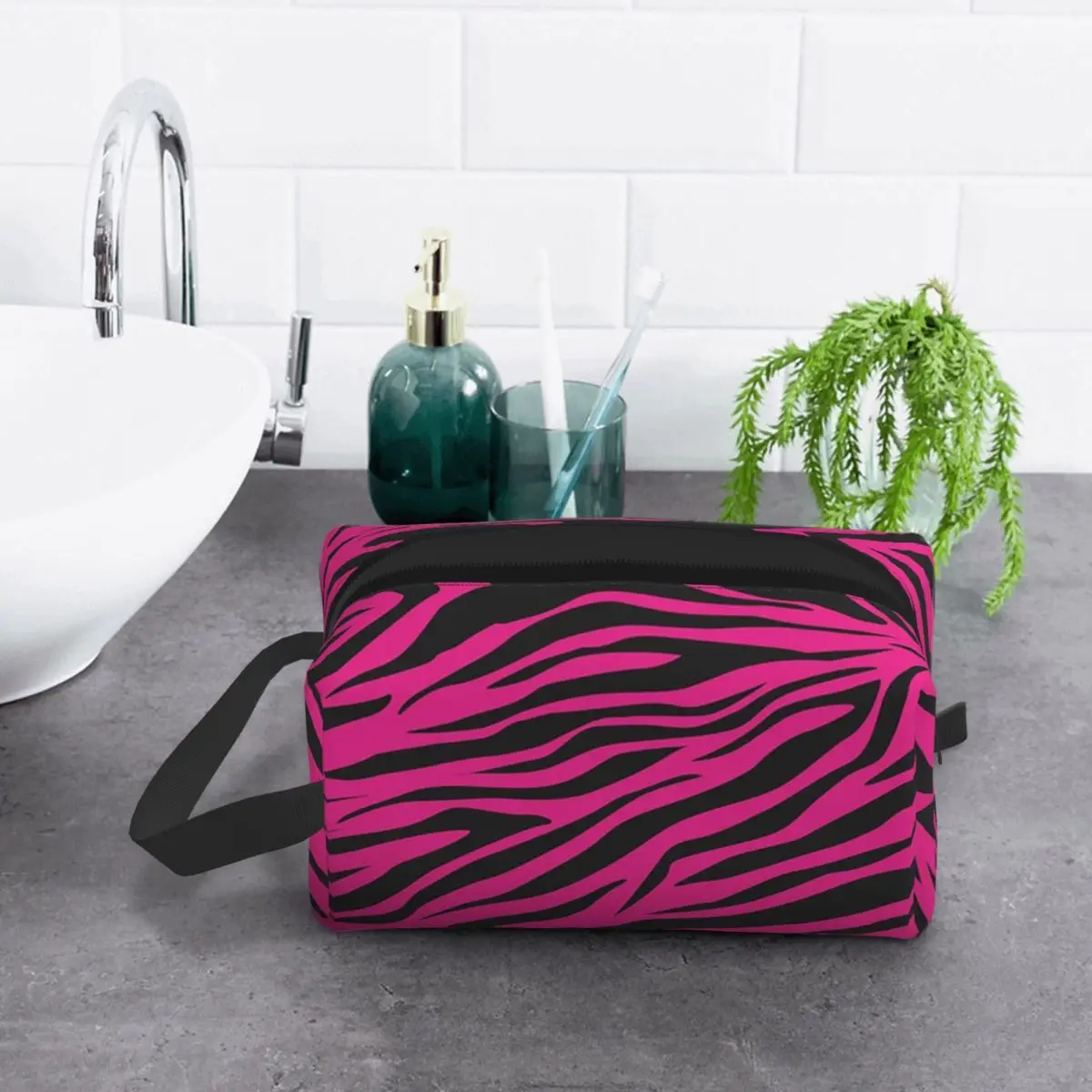 Pink Zebra Print Makeup Bag Cosmetic Organizer Storage Dopp Kit Toiletry Cosmetic Bag for Women Beauty Travel