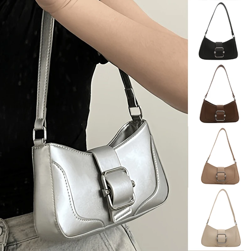 Fashion Vintage Buckle Shoulder Bag Solid Color Y2k Women's Armpit Bag Cuasal Leisure PU Leather Handbag Girls