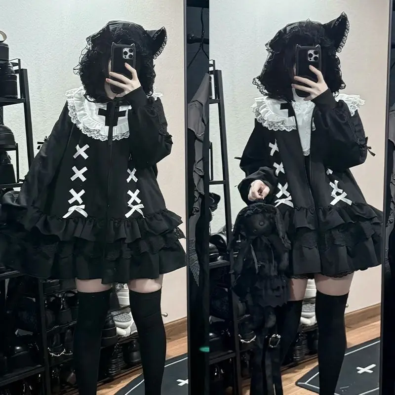 Harajuku Subkultur Retro Süßes Mantelkleid Damen Gothic Lose Vintage Modekleid Bandage-Design Koreanischer Stil Kleid Schick