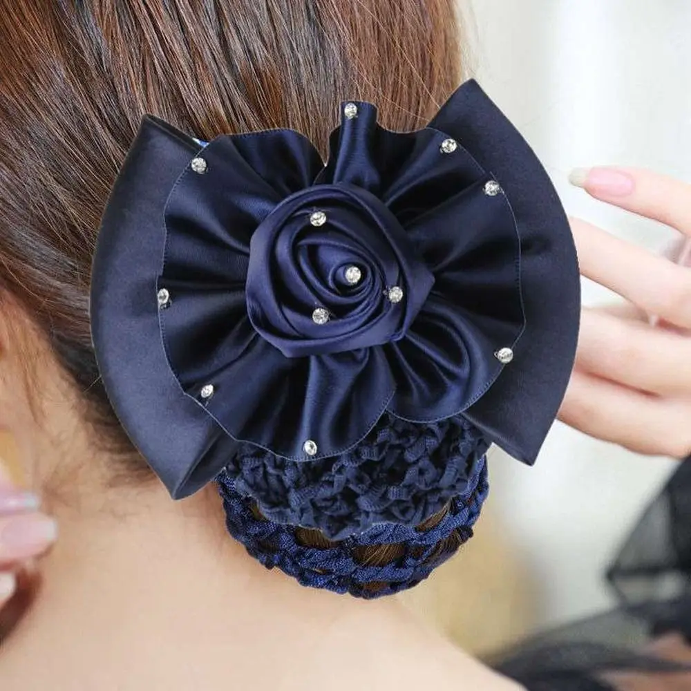 Rhinestone Headdress Flower Hair Accessory Cloth Headwear Ponytail Holder Girl Bun Cover Snood Spring Clip Women Hair Net