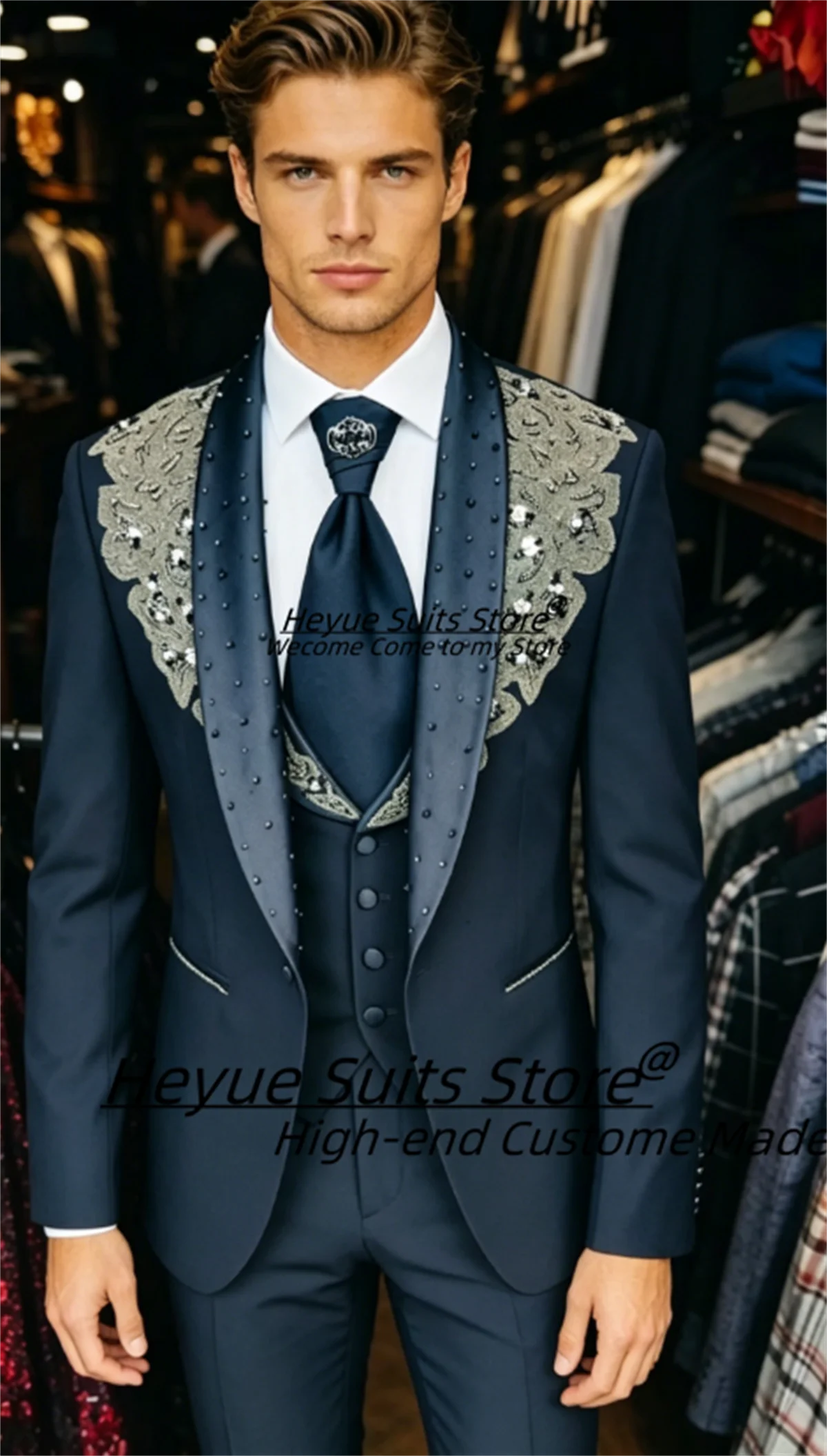 Luxury Business Dinner Groom Wedding Tuxedos Customized Slim Fit Shawl lapel Men Suits 3Pcs Sets Male Formal Blazers Ropa Hombre
