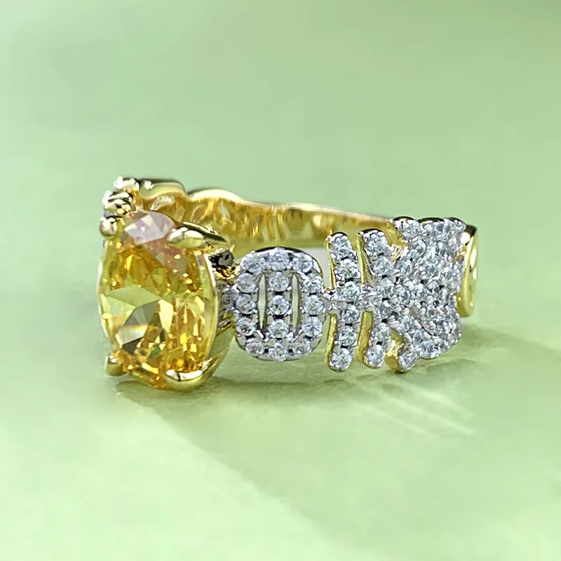 Conjunto de anel de prata esterlina s925 para mulheres, pedra preciosa de diamante amarelo, anel pequeno high-end, moda high-end, luxo, 7*9mm, 2024