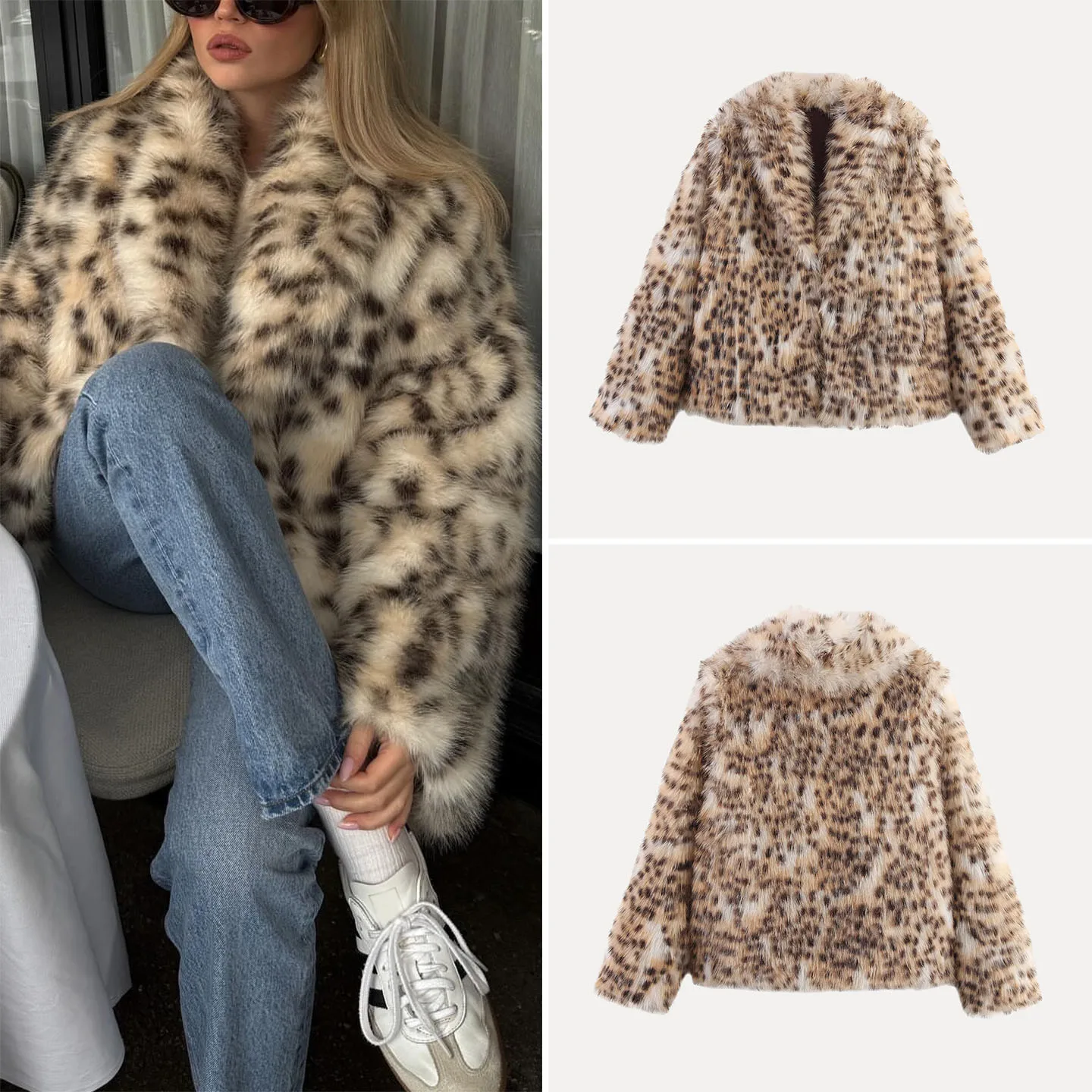 패셔너블한 레오파드 프린트 인조 모피 코트 롱 플러스 여성용 슬레 가을 2025 신상품 엘리 유스 스탠드 핏