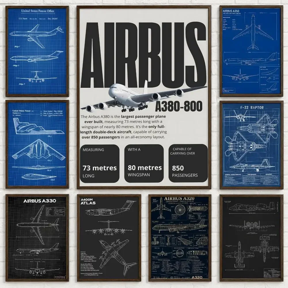 Aviation Blueprint Air Force Plane Airbus Patent Prints Airplane Poster Self-adhesive Waterproof Paper Sticker Wall Decor