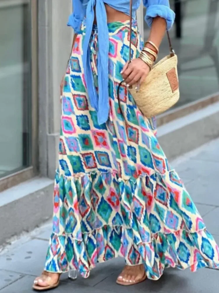 

Женские длинные юбки с цветочным принтом в стиле бохо, лето-осень, свободные повседневные модные длинные пляжные элегантные женские наряды с эластичной резинкой на талии и большим подолом