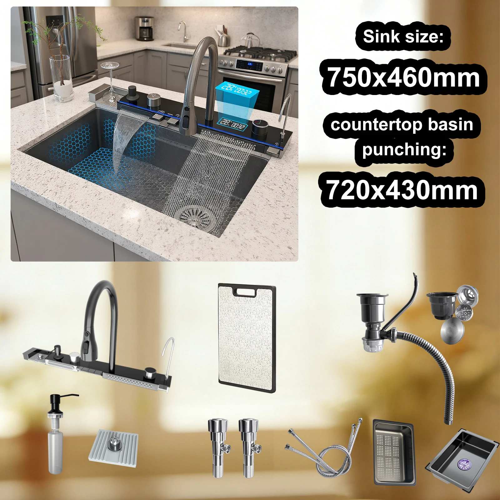 Multifunctionele keukenkranen Nieuwe RVS watervalkeukenkraan Geëmbosseerd digitaal display Grote enkele spoelbak EU magazijn