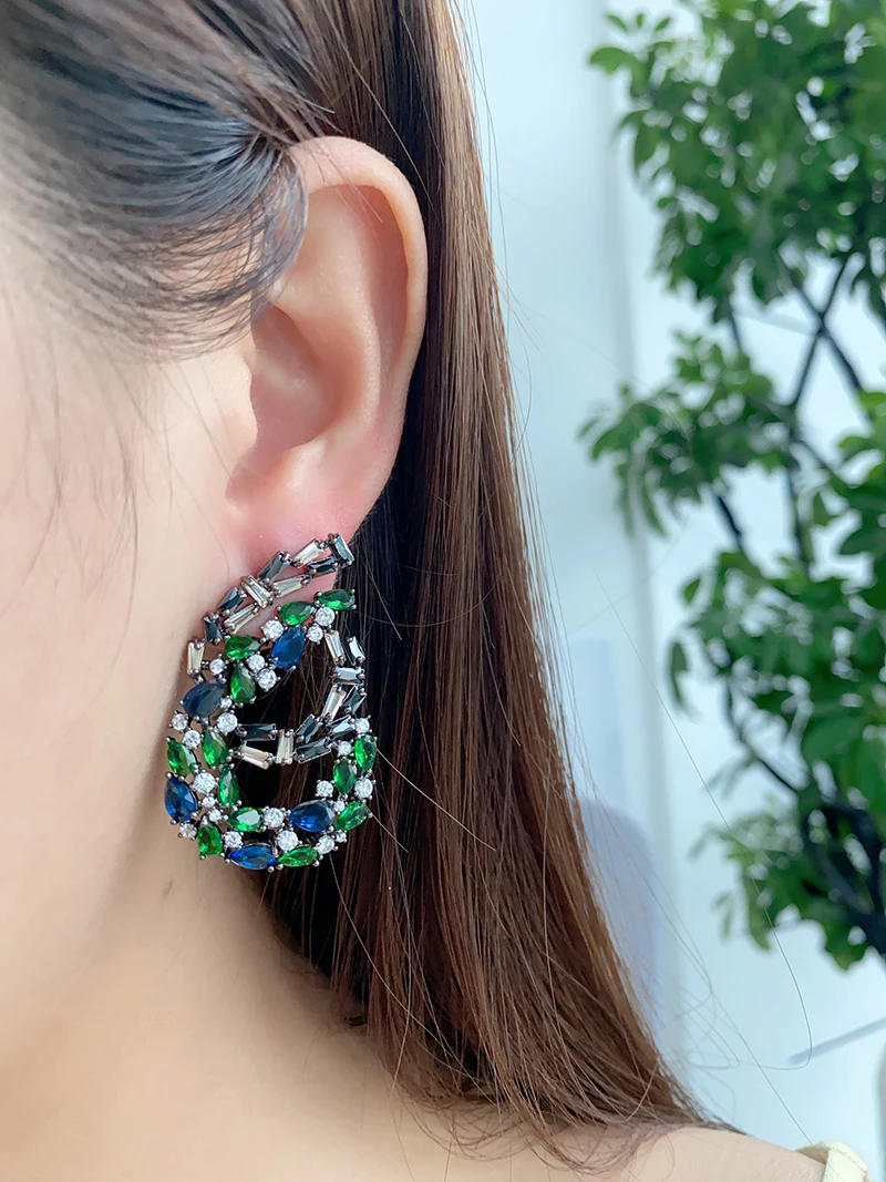 SENYU New Colorful Water Drop CZ Stone Flower Large Wedding Earrings High Quality Cubic Zirconia Luxury Women Jewelry for Bride