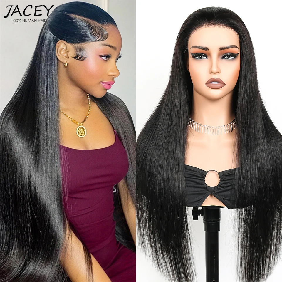 

7x6 Lace Glueless Wigs Human Hair Pre Plucked Pre Cut 180% Density Straight Hair Lace Front Wigs Natural Black Color 32inch