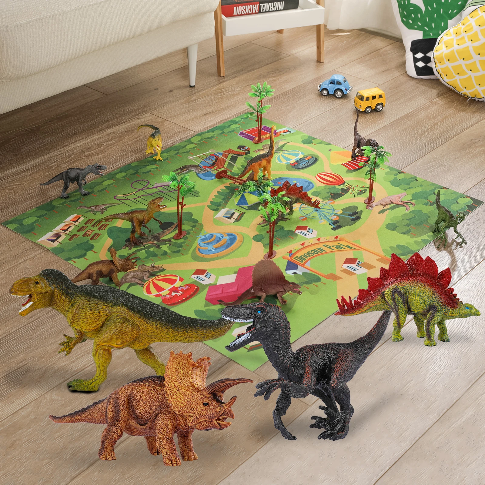 

Dinosaur Toys for Kids 3-5 with Activity Play Mat & Trees, Dinosaur Play Set Including T-Rex, Triceratop, Velociraptor,Kids Gift