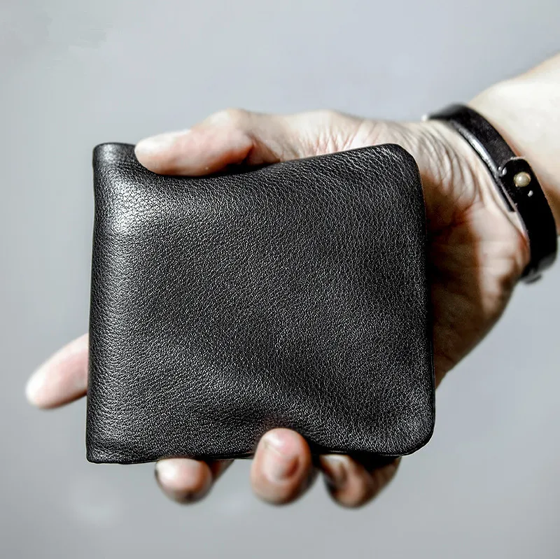 

High quality soft genuine leather men's short wallet casual simple youth full real cowhide thin credit card holder black purse