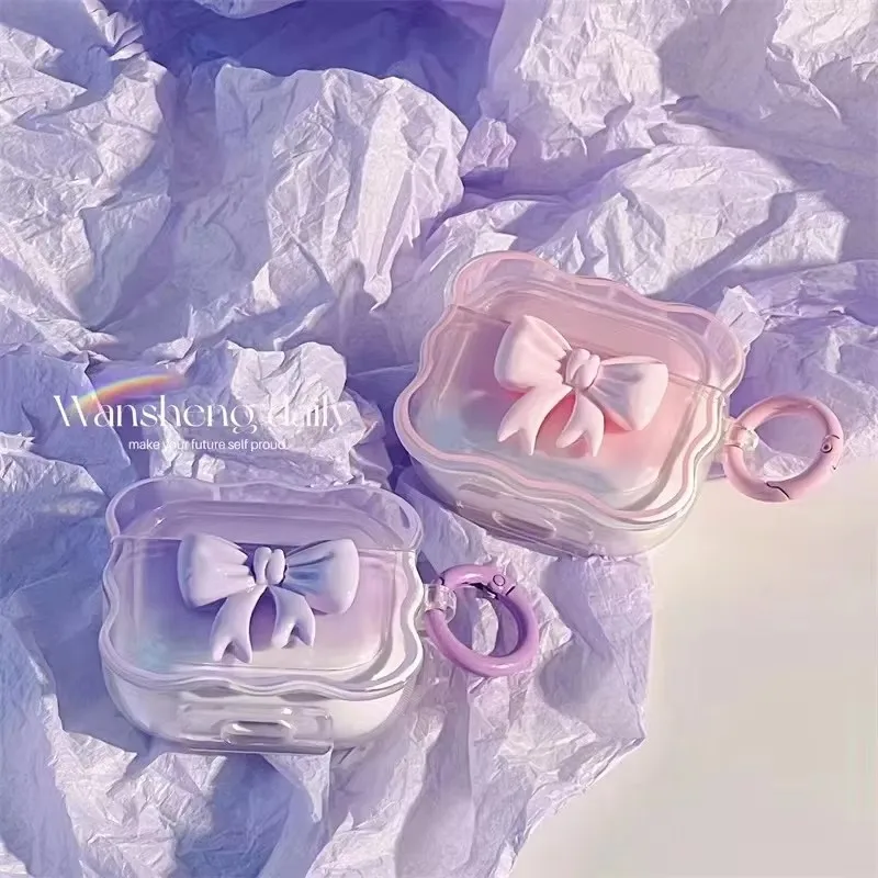 Luxury 3D Bow Wave Case for Apple AirPods Pro 2nd Case Pink Floral Girl Cover for AirPods 4 3 2 1 Wireless Box With Keyring Bags