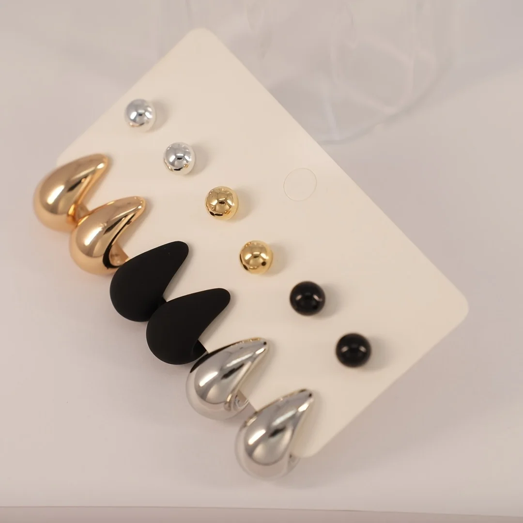 6-piece set of elegant and popular water drop earrings paired with ball-shaped studs, suitable for women to wear as a holiday gift. Made with hypoallergenic 316 stainless steel posts, available in classic 3 colors, with a simple CCB acrylic design