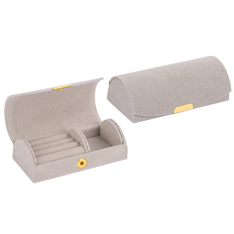 صندوق تخزين المجوهرات المحمول المقوس لرحلة عمل محمولة والسفر صندوق مجوهرات خاتم مضاد للأكسدة صندوق إكسسوار من القماش المخملي