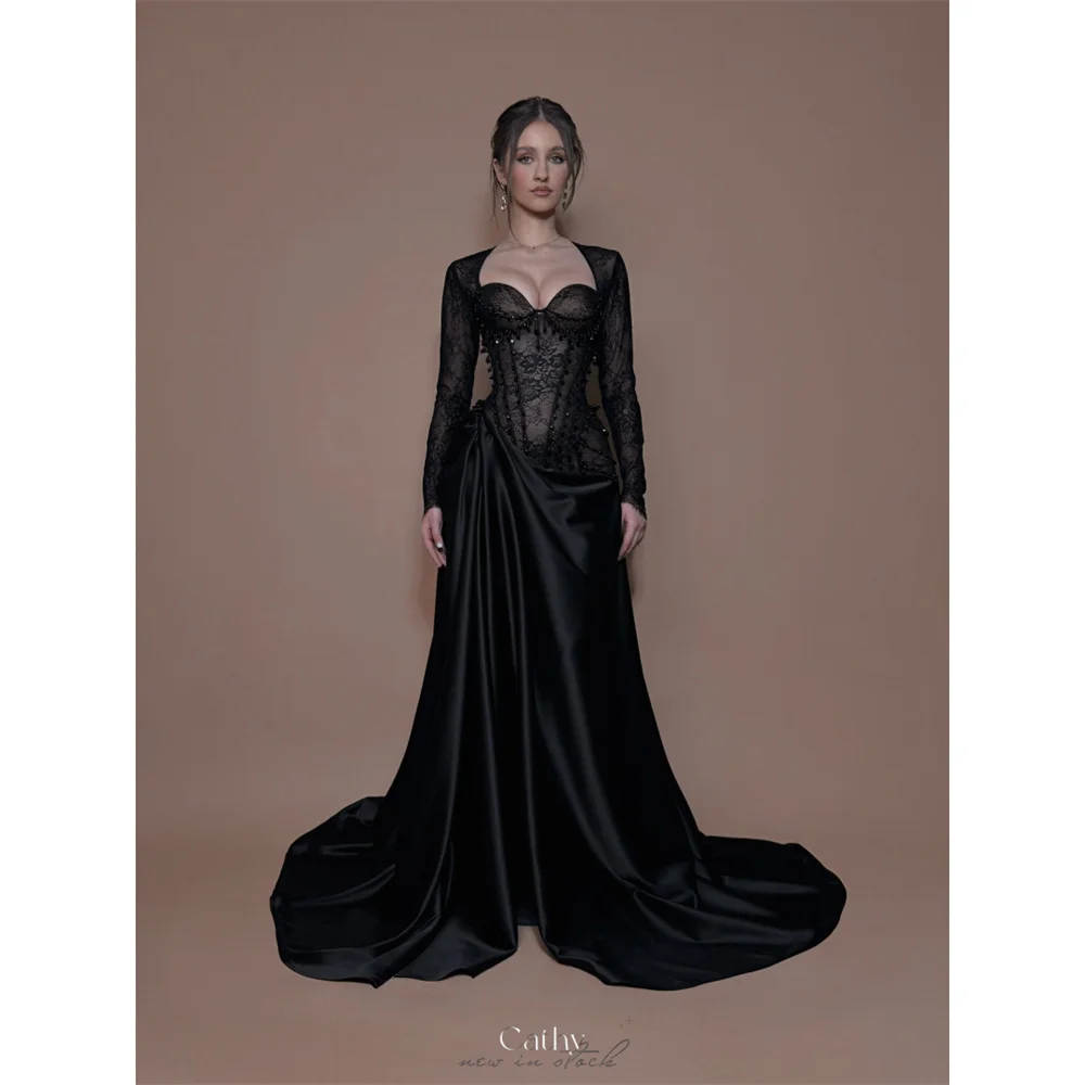 

Cathy Customized Black Lace Long Sleeves Prom Dress Elegant Asymmetrical A-line vestidos de noiva Court Train Formal Evening