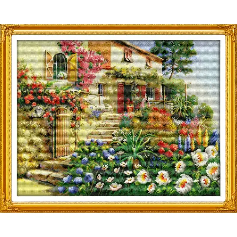 Joy Sunday Pre-printed Cross Stitch Kit  Easy Pattern Aida  Stamped Fabric Embroidery Set-Garden Villa (2)