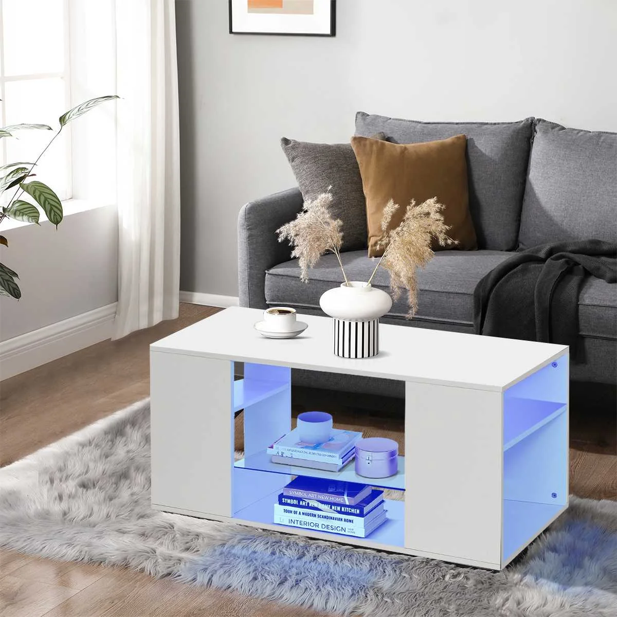 LED Coffee Tables for Living Room Modern White Coffee Table with 3 Shelves Glass Storage Cocktail Table with 16 Colors LED Light