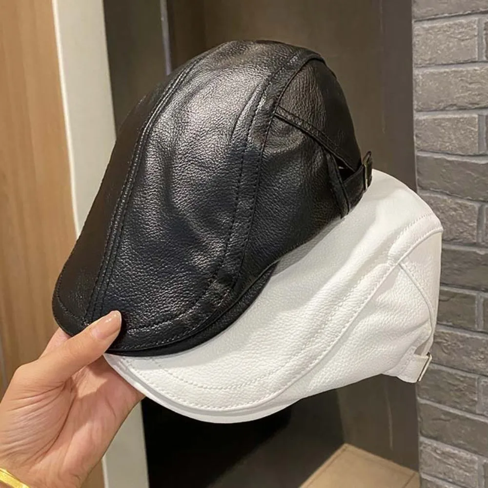 PU Leather Leather Beret British Style Autumn Winter Flat Cap Korean Fashion Adjustable Buckle Newsboy Hat Chilly Days