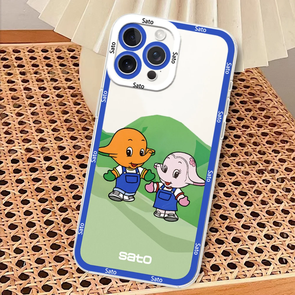 Cute S-Sato Chan Elephant Phone Case for iPhone 12 11 13 14 15 16 Max Pro Plus Transparent Bezel Cover