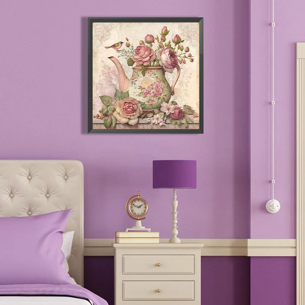 5D DIY كامل جولة الحفر الماس اللوحة الوردي زهرة إبريق الشاي عدة ديكور 40x40cm