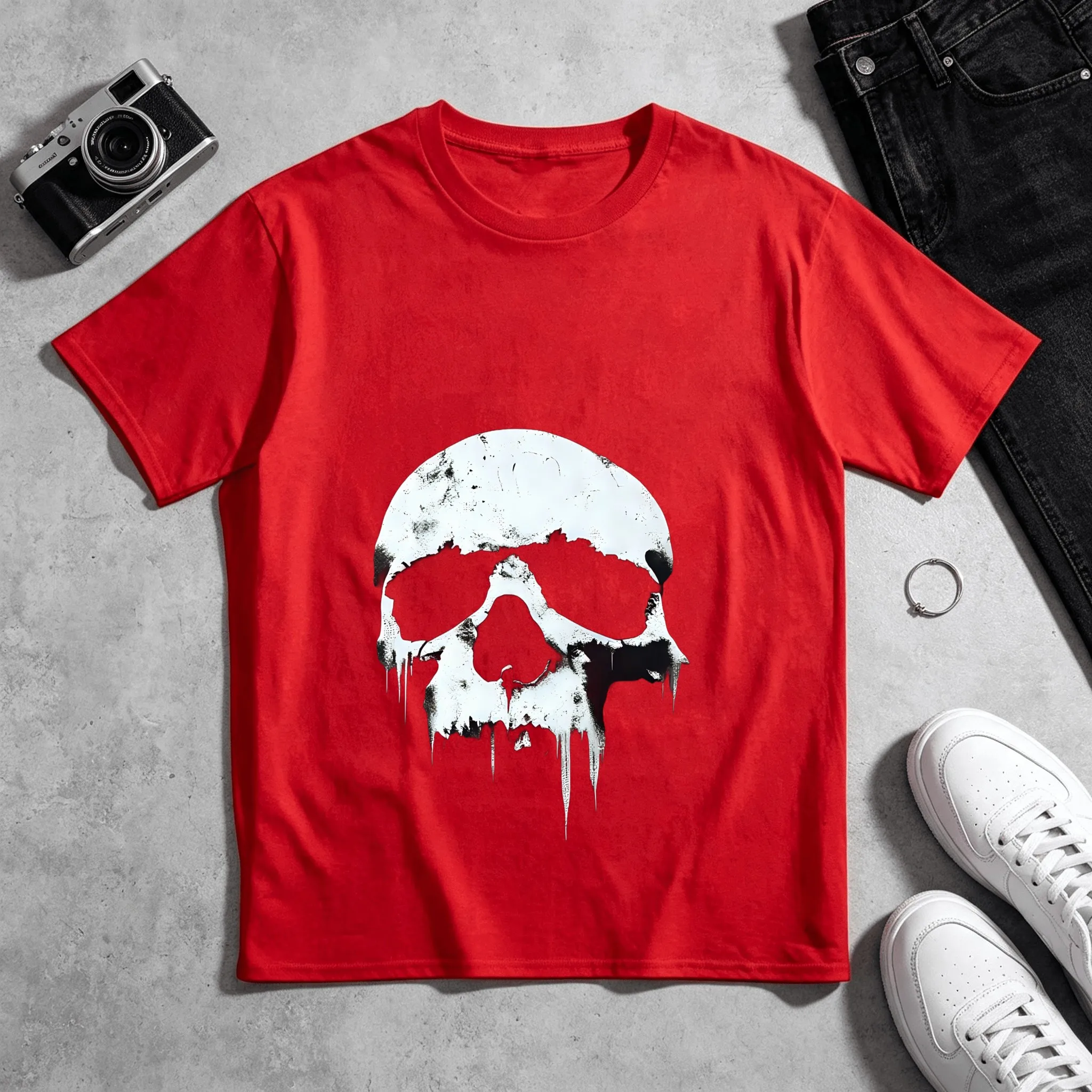 Cool Melting White Skull Artwork T-Shirt Men Women Vintage Graphic Print Casual Cotton Short Sleeve
