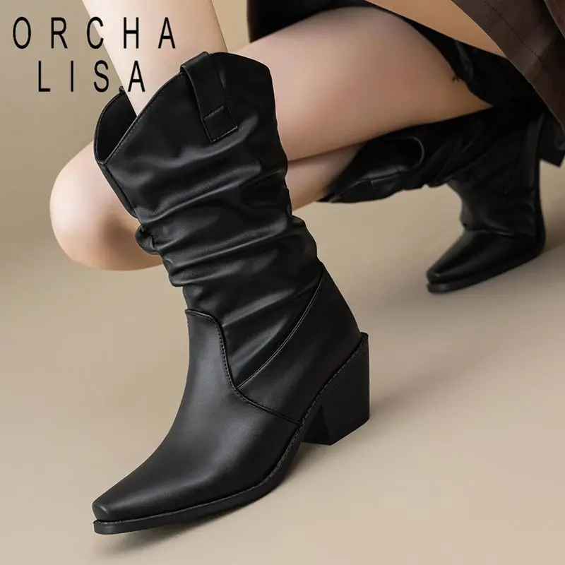 

ORCHA LISA Fashion Female Mid Calf Boots 6.5cm Block Heels Slip On Large Size 43 44 45 46 US 12 Pleated Non Slip Casual Bota