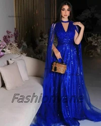 Fashionvane Royal Blue Sequins Stripes Tulle Prom Dresses Halter V Neck Flutters Formal Occasion Women Wear Evening Party Gowns