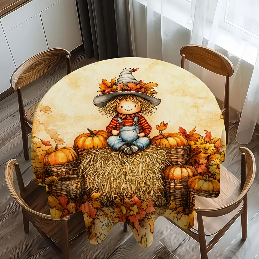 A circular tablecloth design of a Thanksgiving scarecrow scene, suitable for adding to a simple dining table decoration.xzj