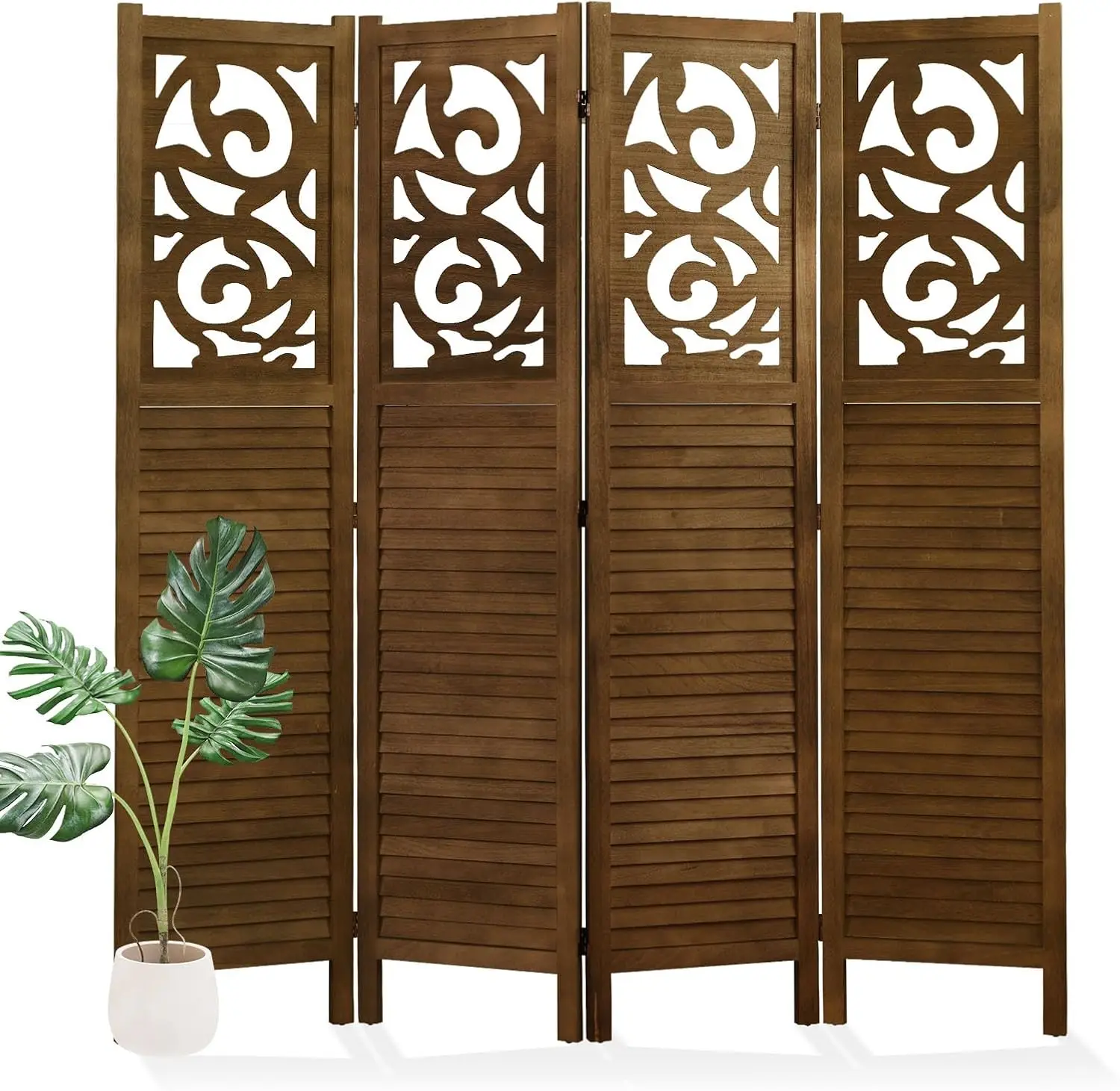 

Folding Room Divider, 5.6Ft 4 Panels Wood Carved Privacy Screens, Free Assembled Freestanding Portable Reversible Functi
