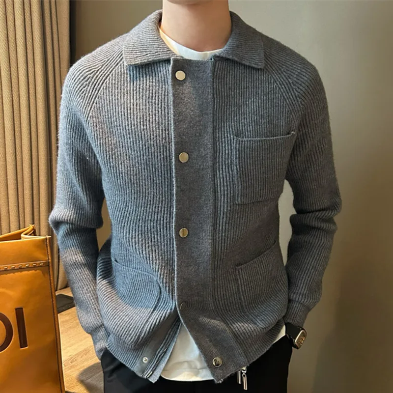 Winter Solid Color Zipper Men Knitted Sweater Cardigan Men Knitting Lapel Pocket Warm Sweaters Versatile Coat Top Slim Men Coat