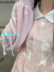 KUSAHIKI Bow Embroidery Velet Lace Up Vintage Turn-down Collar Stripe Patchwork Tshirts Sweatshirt Women 2023 Spring New Jumper