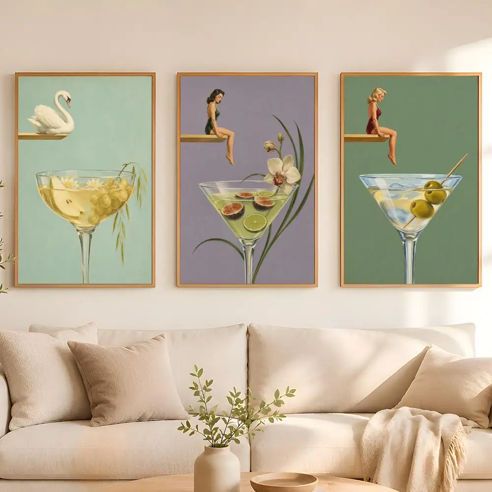 Retro Cocktail Diving Pinup Poster Stickers Painting Self-Adhesive Mural HD Wall Decals for Bedroom Living Room Home Decor Gift