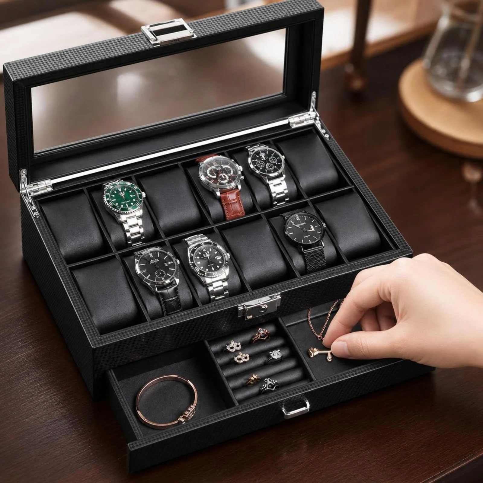 Double-Layer Watch Box Scratch-Resistant Watch Organizer with Drawer Jewelry Organizer with Glass Lid Dustproof Display Case