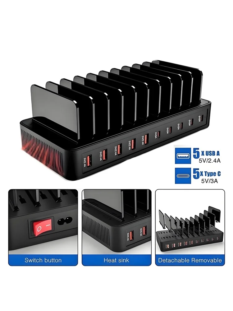 Ładowarka wielofunkcyjna 100 W z 5 portami USB i 5 portami typu C ze stojakiem, uniwersalna, szybkie ładowanie dla iPhone'a Samsung iPad, idealna do użytku w domu i biurze — zdjęcie produktu 7