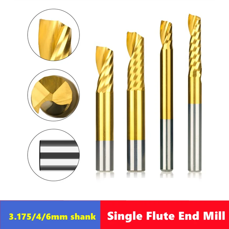 

Однозубая концевая фреза TIN с хвостовиком 3,175/4/6 мм, HRC60 ° Спиральные фрезы для резки дерева/пластика 1-флейтовый фрезерный станок с ЧПУ