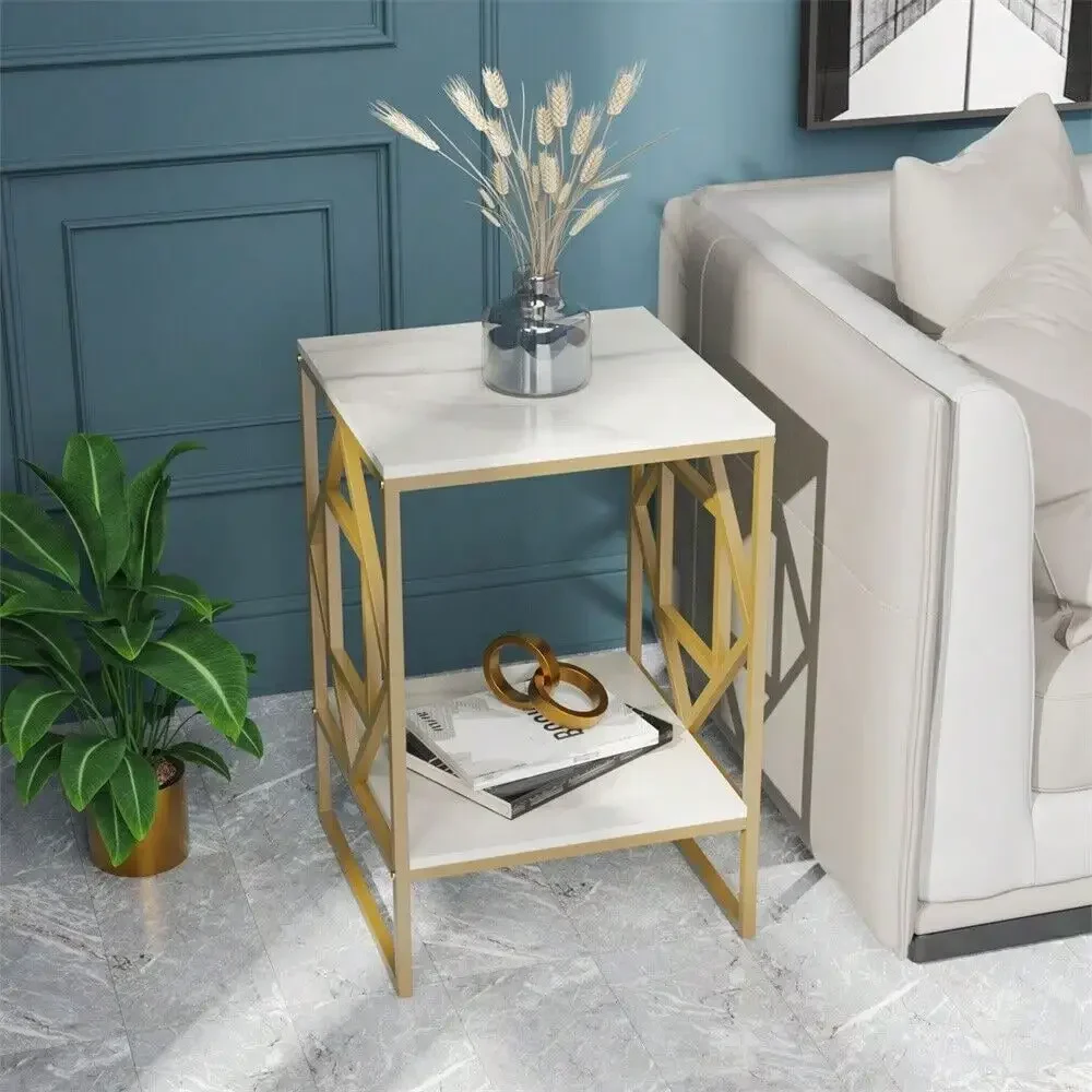 Real Marble Side End Table Golden Frame Nightstand Storage for Artworks Bonsai