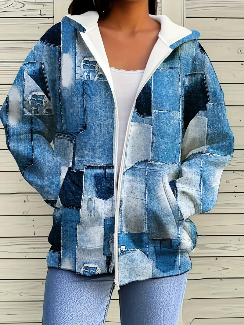 Women's Fashionable Faux Denim Print Hooded Long Sleeve Jacket - Machine Washable