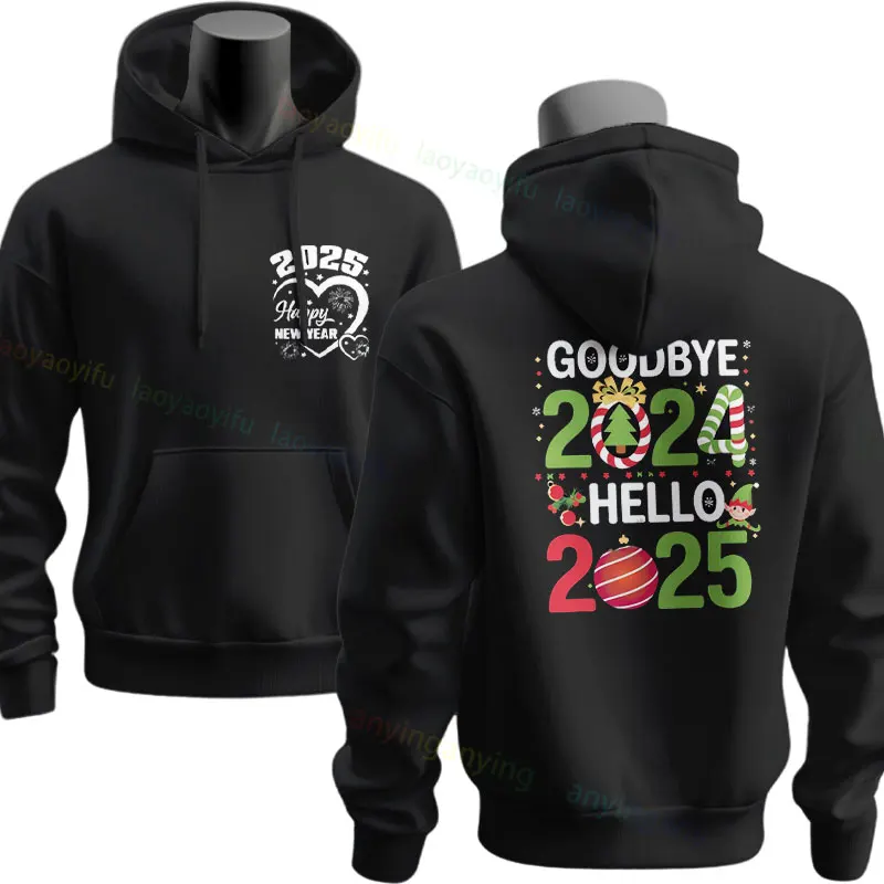 Casual Graphic Design Hoodie with Goodbye 2024, Hello 2025