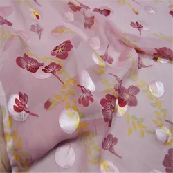 Comfortable Popular Cute Natural Silk Burn Out Fabric with Red Flower Print Design for Lady Summer Clothes