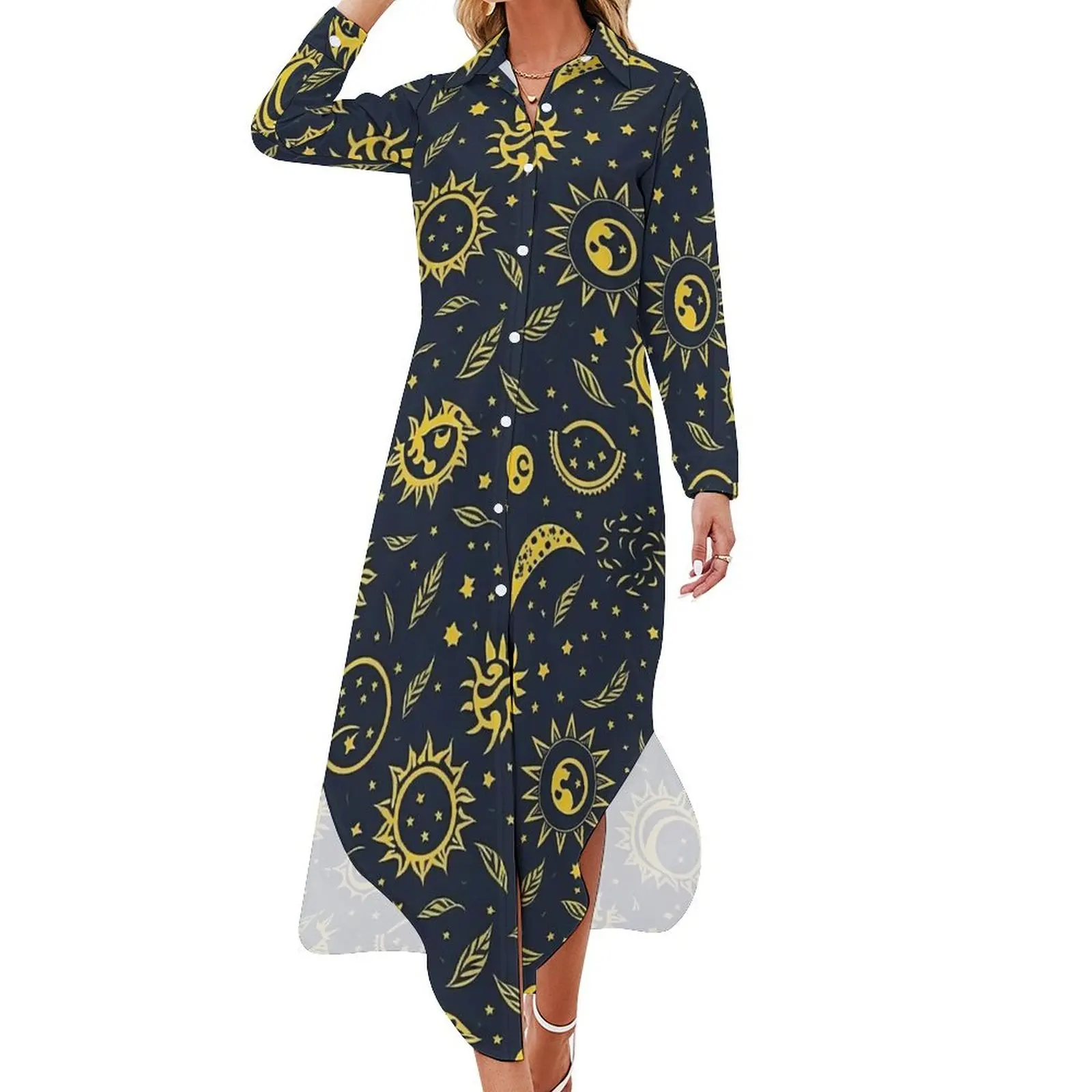 Cool Sun And Moon Themed Chiffon Dress  Beach Dresses Womens Long Sleeve Streetwear V Neck Design Oversized Casual Dress