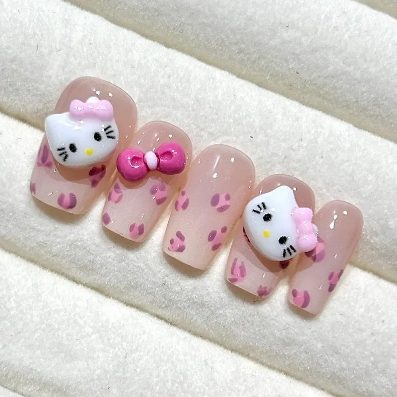 Sweet Pink Leopard Print with 3D Hello Kitty Cartoon Handmade Press-on Nails 10pcs False Nails Natural Nails Kawaii Girl Gift