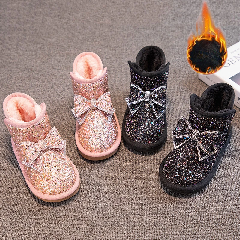 Girls Snow Boots Rhinestone Sequins Kids Fashion Winter Boots Princess Child Winter Cotton Plush Glitter Boots with Bow Classic