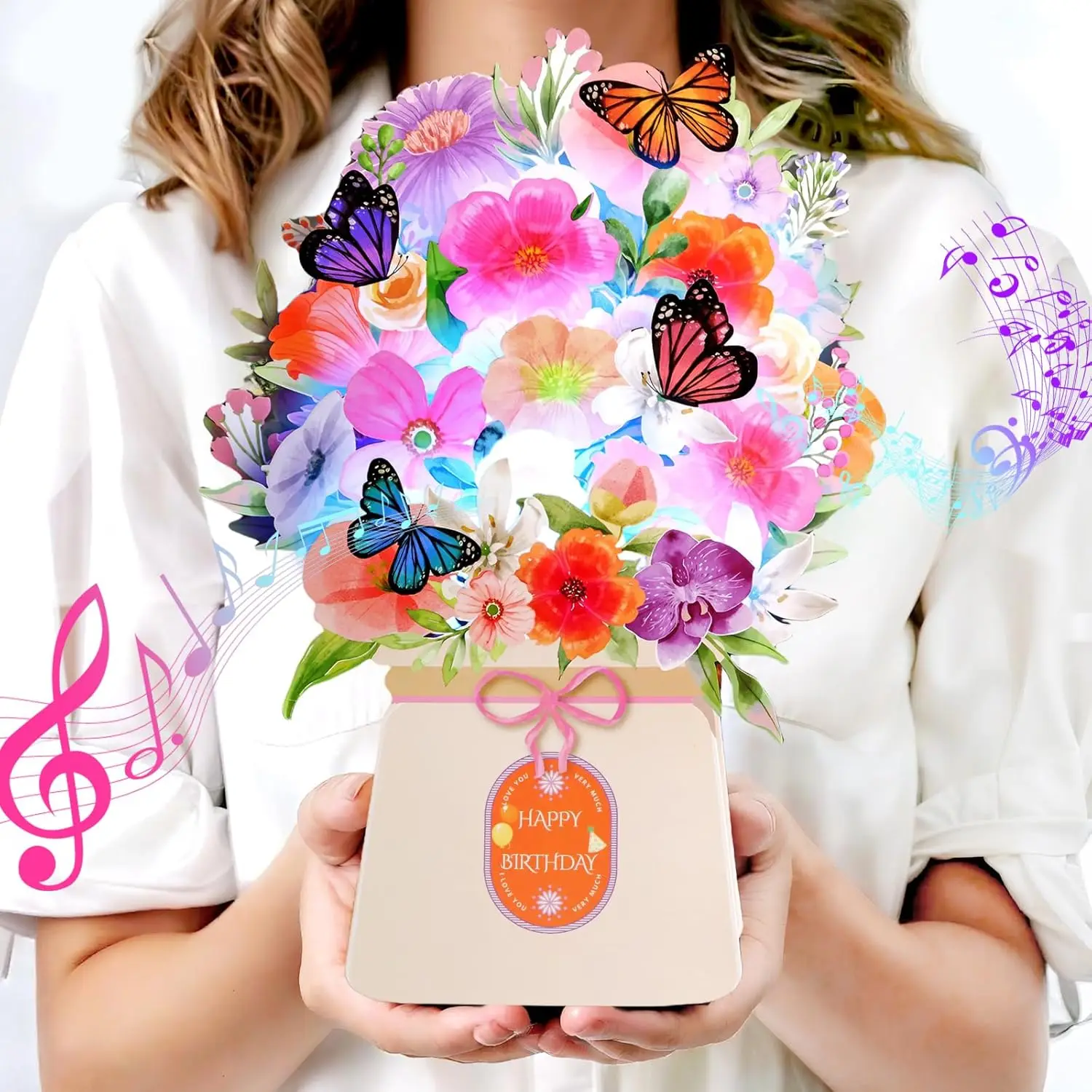 

Light Music Pop Up Birthday Card with Lily Butterfly Forever Flower Bouquet Gift for Her