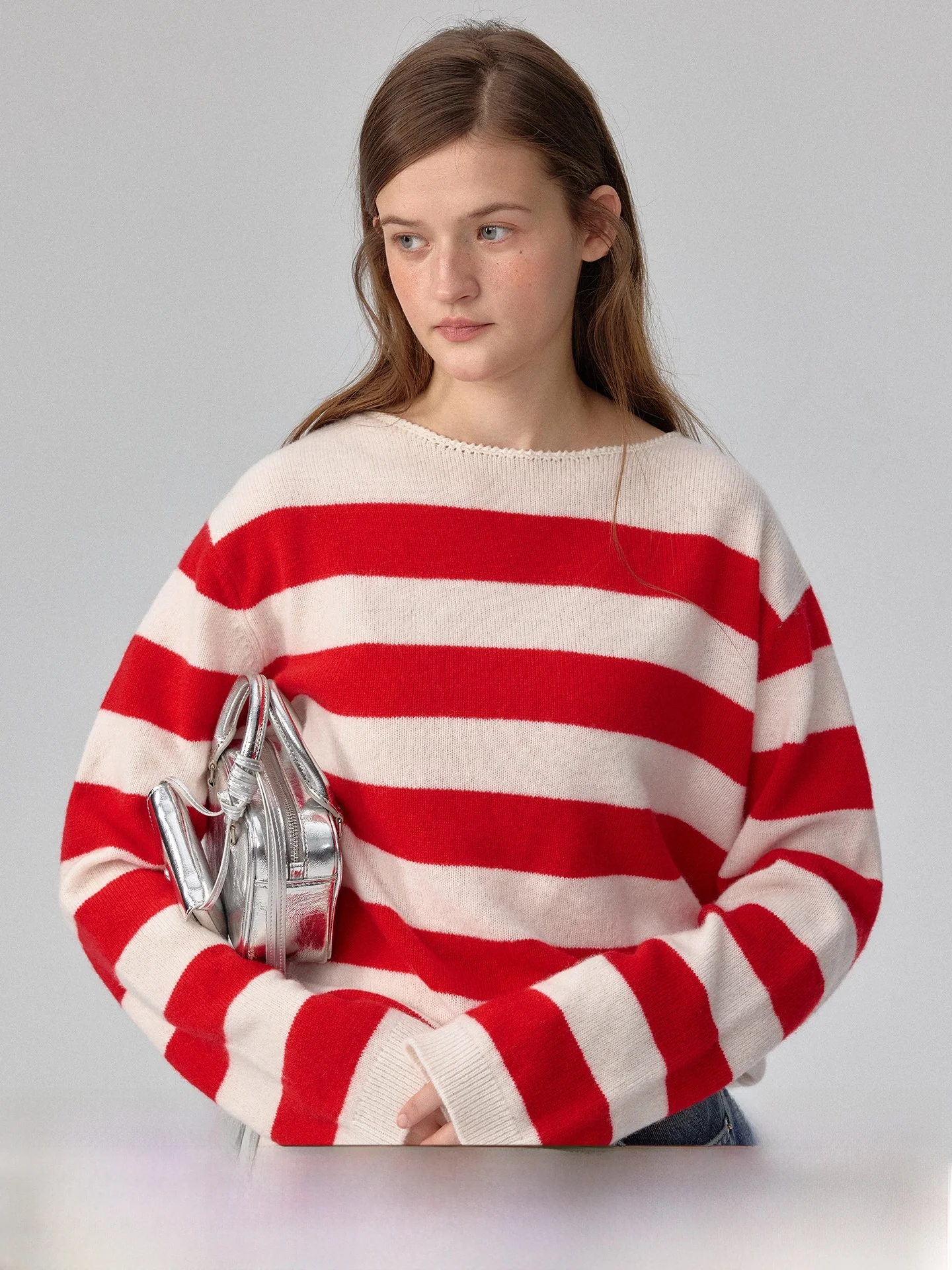 

Ele Plus00 Camere Knit Sweater Color Blo Stripe round Ne Women's Long Sve Soft Warm Faion Slimming Top